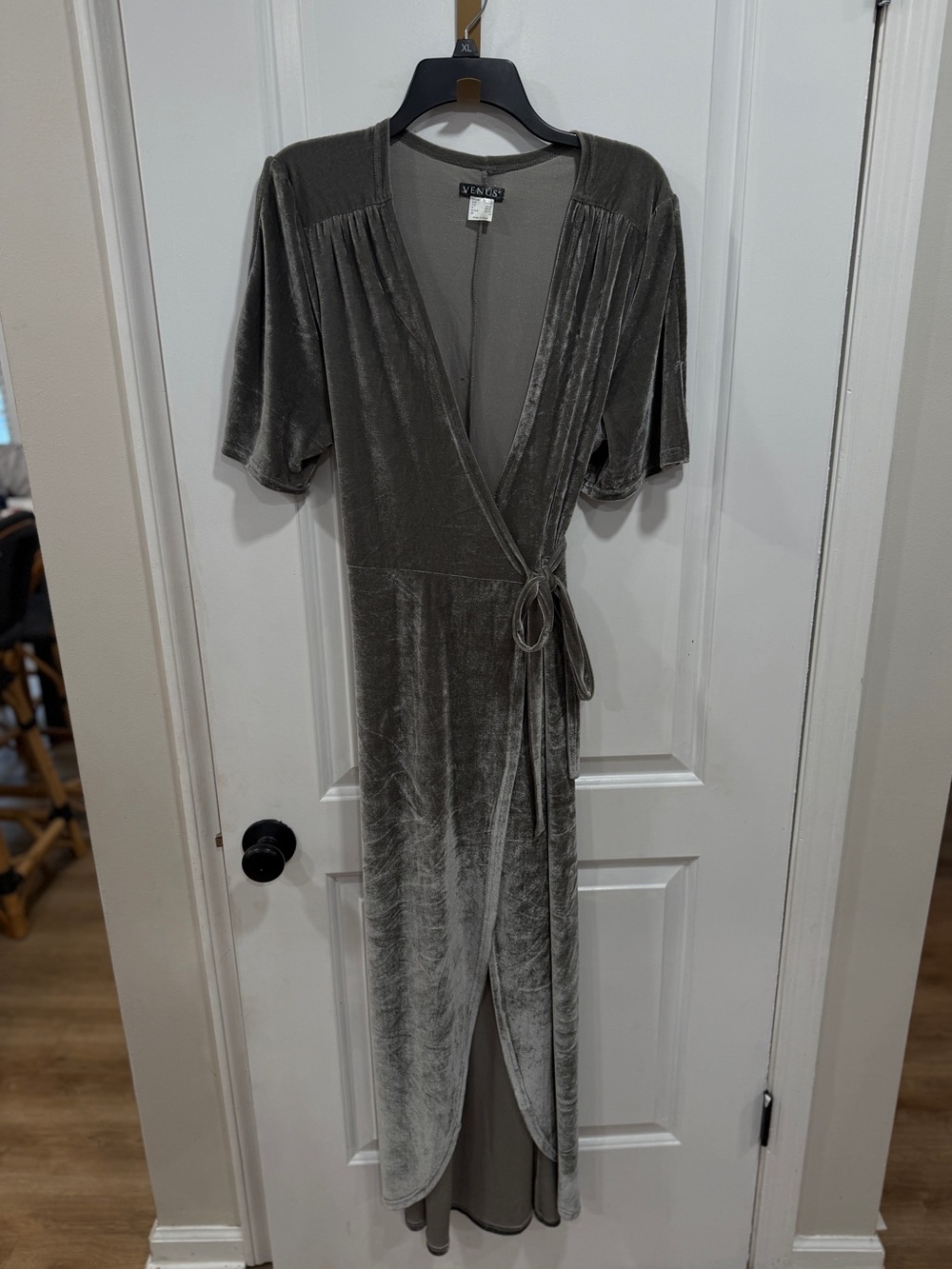 Velvet Maxi Dress with Waist Tie - silver gray